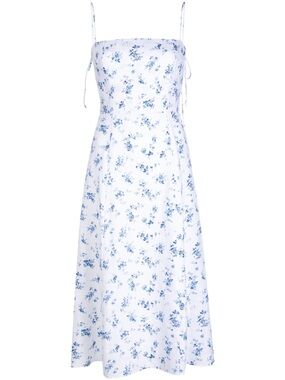 Reformation White Dress with Blue Floral Print and Spaghetti Straps
